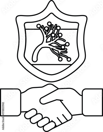 A black and white image of two hands shaking with a shield behind them