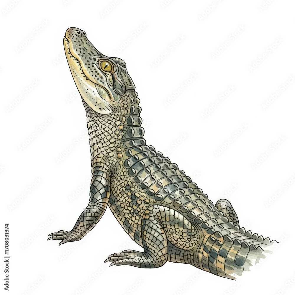 Fototapeta premium Detailed Watercolor Illustration of a Young Alligator A Realistic Depiction of a Juvenile Reptile with Scaly Skin and Sharp Claws on a White Background