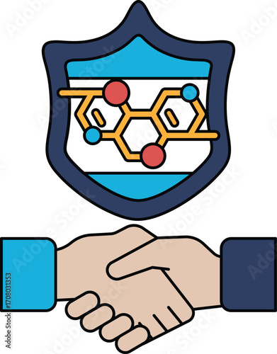 A black and white drawing of two hands shaking hands with a shield behind them