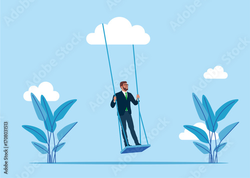 Emotional swings. Young businessman on stands on his feet swinging on a swing in the sky. Success, collaborate, risk. Vector flat illustration