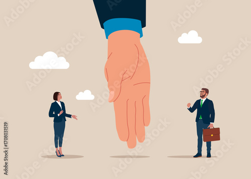 Hand divides man and woman into two groups. Conflict and argument. Gender issue. Vector flat illustration