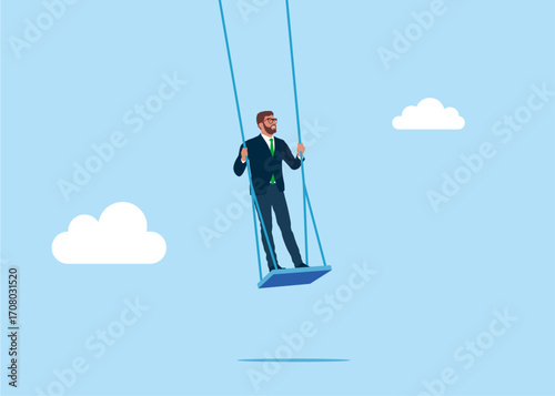 Young businessman on stands on his feet swinging on a wooden swing in the sky. Flat vector illustration