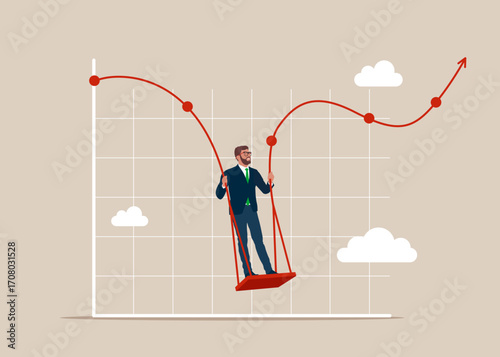 Crisis. Businessman with on stands on his feet swinging a swing on stock market graph swing. Stock market plunged. Vector flat illustration