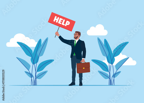Businessman holding placard with help text. Businessman asking help or donations. Charity donation funding. Vector flat illustration