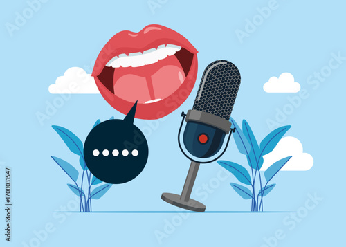 Mouth and lips with speech bubbles with studio microphone for streaming and gaming. Frequently asked question. Question and answers. Talks a lot and without stopping. Flat vector illustration