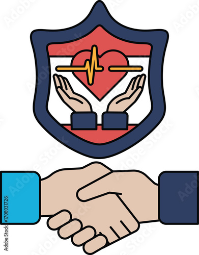 A black and white drawing of two hands shaking hands with a heart