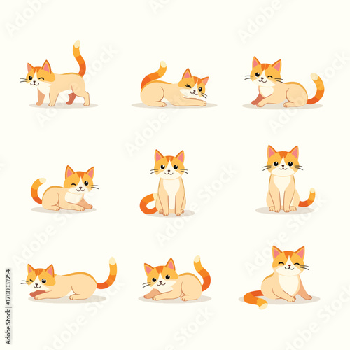 adorable cartoon orange tabby cats in playful poses, perfect for childrens books, petthemed designs, and cat lovers merch.

