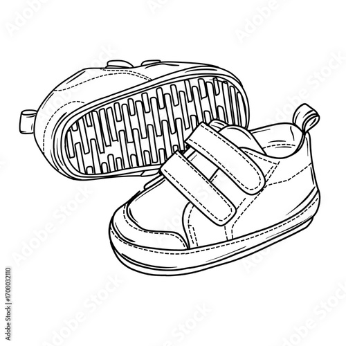 Detailed illustration line art of a pair of baby shoes, one showing the sole and the other with velcro straps.