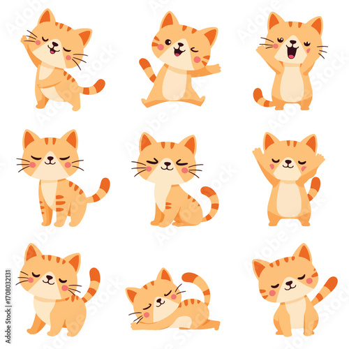 Adobe Illustrator Artwork adorable cartoon orange tabby cats in playful poses, perfect for childrens books, petthemed designs, and cat lovers merch.
