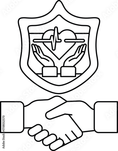 A black and white drawing of two hands shaking hands with a heart