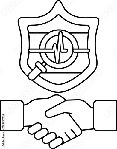 A black and white drawing of two hands shaking hands with a shield behind them