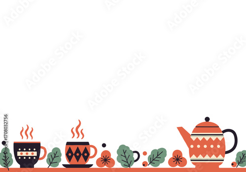 Clean vector background with decorative elements of tea cups and teapot  