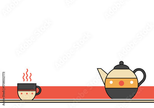 Clean vector background with tea kettle and cup in minimal style  