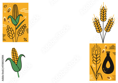 Minimalistic vector illustrations of corn and wheat on yellow background  