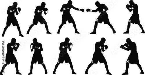 Boxer silhouettes in defensive and offensive fighting stances, showcasing various boxing techniques, punches, and movements on white background for sports and training concepts.