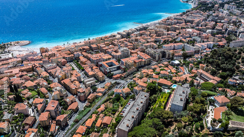 aerial landscape view of central part of City of Menton located on French Riviera with coastline along 