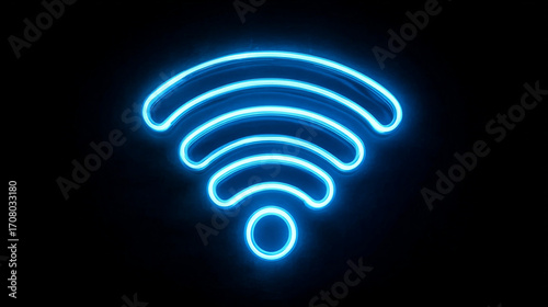 A glowing blue wifi symbol against a solid black background design