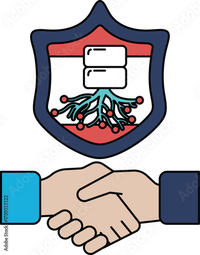 A black and white image of two hands shaking with a shield behind them