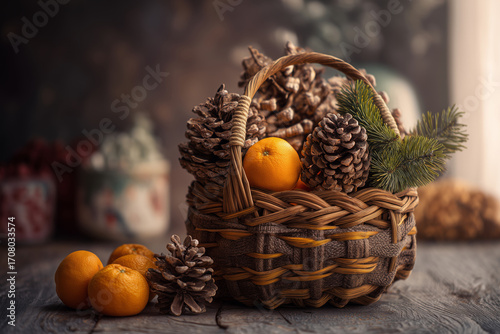 Wicker basket filled with vibrant oranges and rustic pinecones nestled warmly
