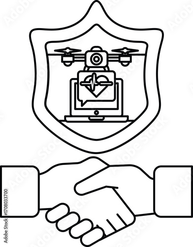 A white and black image of two hands shaking with a shield behind them