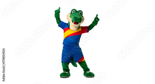 Cheerful Crocodile Mascot with Sportswear Posing and Gesturing Upward Against Black Background