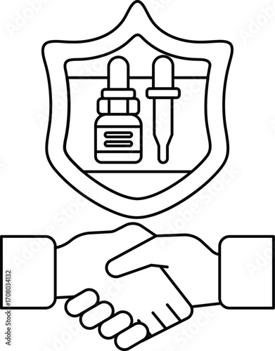 A black and white image of two hands shaking with a shield behind them
