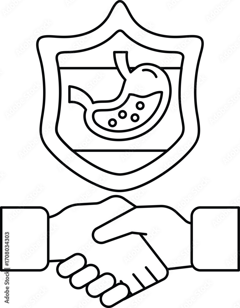 Obraz premium A black and white image of two hands shaking hands with a shield behind them