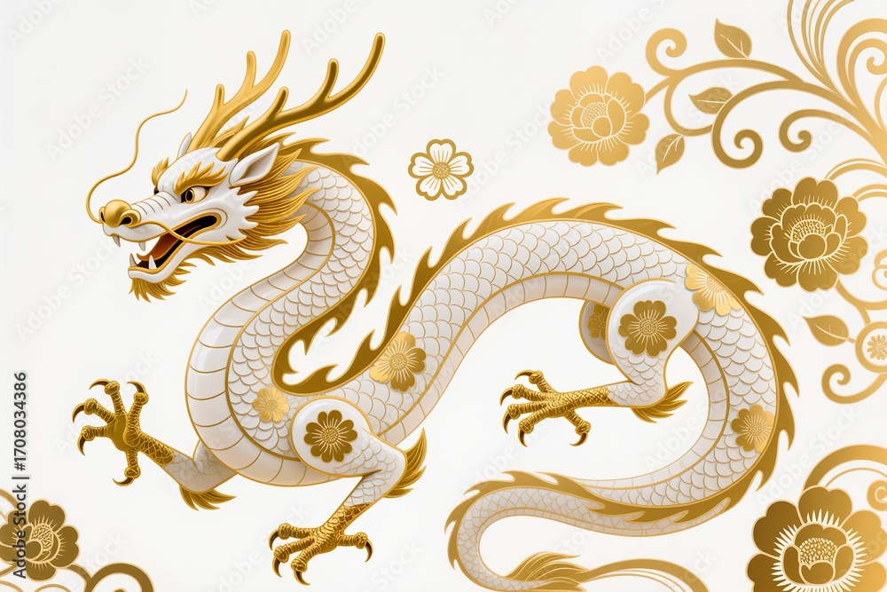 Obraz premium A surreal, simple 3d artwork of a Decorative Chinese Dragon illustration with golden outlines, luxury floral design, white base