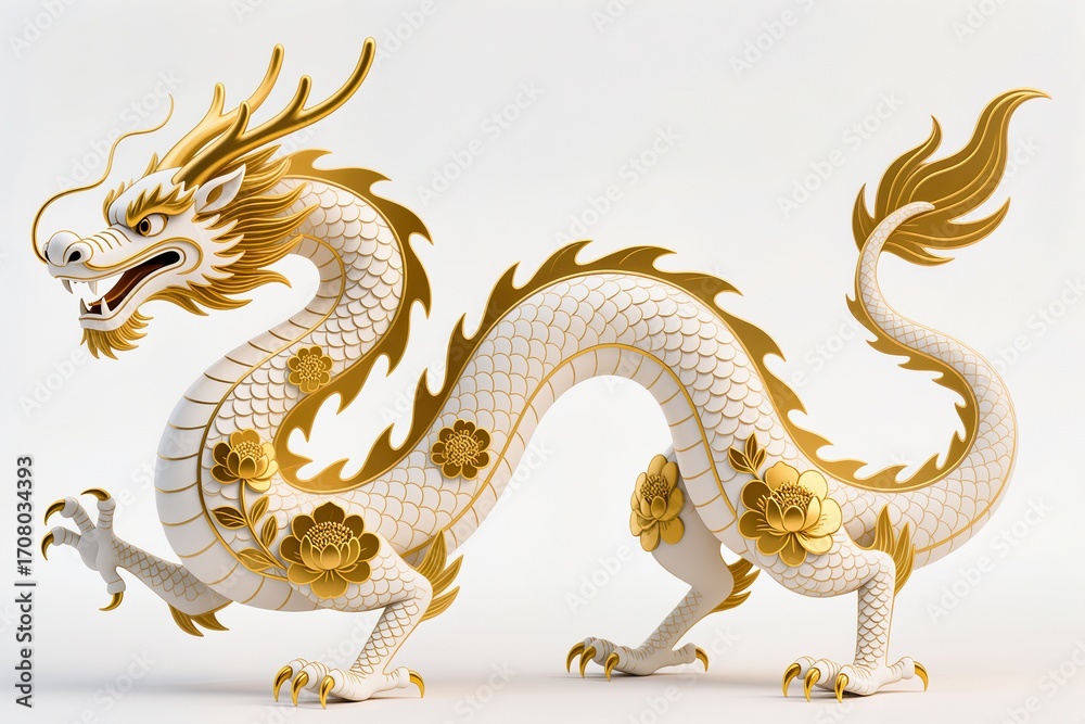 Obraz premium A surreal, simple 3d artwork of a Decorative Chinese Dragon illustration with golden outlines, luxury floral design, white base