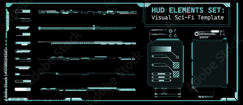 This graphic features a collection of futuristic HUD elements organized neatly on a dark background. The design is ideal for digital projects needing sci-fi visuals or user interface components