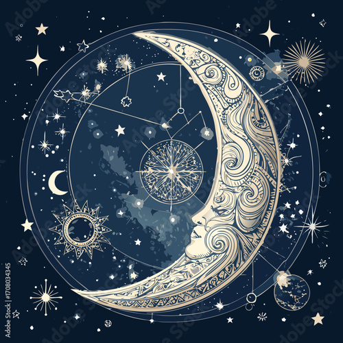 Vector Illustration of Crescent Moon with Astronomical Cosmic Background in Night Sky Design