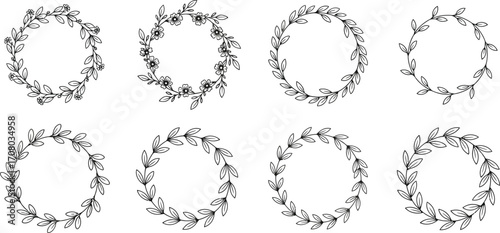 Collection of decorative floral wreath designs, featuring delicate leaves and branches in circular arrangements for various uses