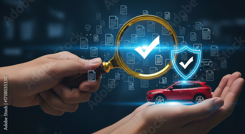 Red Car Security and Protection Assurance with Magnifying Glass Exploring Auto Policy Coverage and Vehicle Insurance for