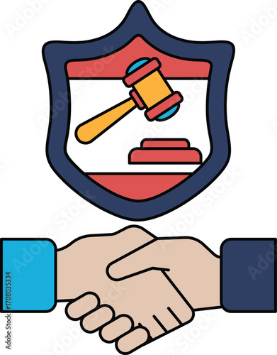 A black and white drawing of two hands shaking hands in front of a shield with a