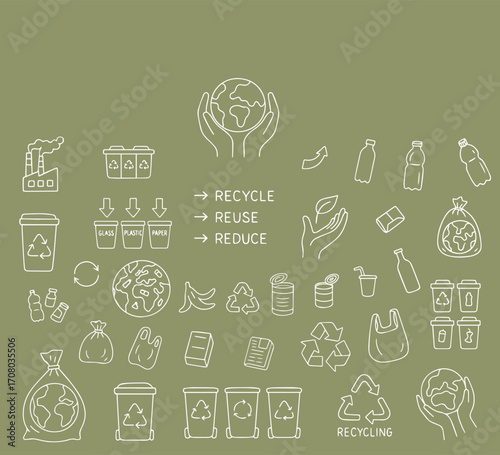 Recycle, reuse and waste reduction concept banner. Vector illustration in doodle style on green background