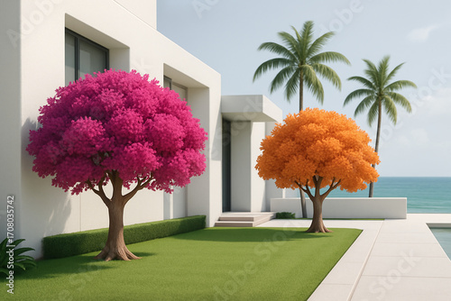 Modern Tropical Villa with Pink and Orange Trees