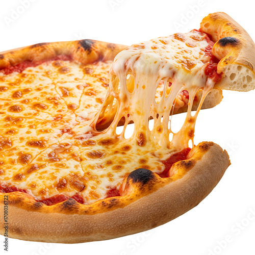 Obraz na plátně Delicious hot cheesy pizza slice being lifted with strings of melted mozzarella