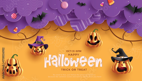Colorful Halloween clipart banner with pumpkins, bats, witch hats, candy corn, and lollipops with spider webs. Perfect for trick or treat flyers, party posters, greeting cards, and holiday vector illu
