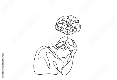 Continuous one line drawing man in depression, stressed, headache and despair. Single line art illustration of confusing and stressed person. Hand drawn one line vector. Editable stroke	
