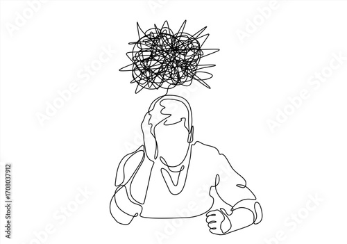 Continuous one line drawing man in depression, stressed, headache and despair. Single line art illustration of confusing and stressed person. Hand drawn one line vector. Editable stroke	