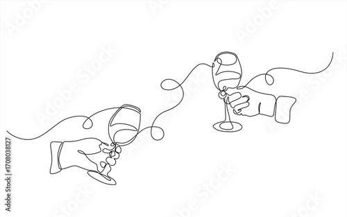 Hand drawn hands hold wine clinking glasses one line art,continuous drawing contour.Cheers toast festive decoration for holidays,romantic Valentine's Day design.Editable stroke. Isolated.Vector