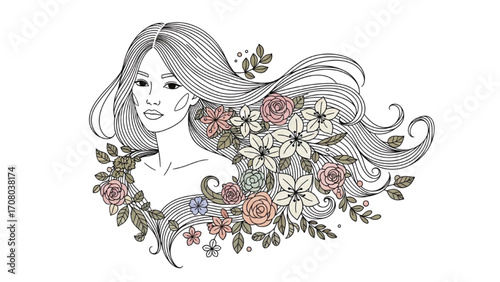 Vector Illustration of Elegant Woman with Long Flowing Hair and Floral Embellishments AI EPS PNG