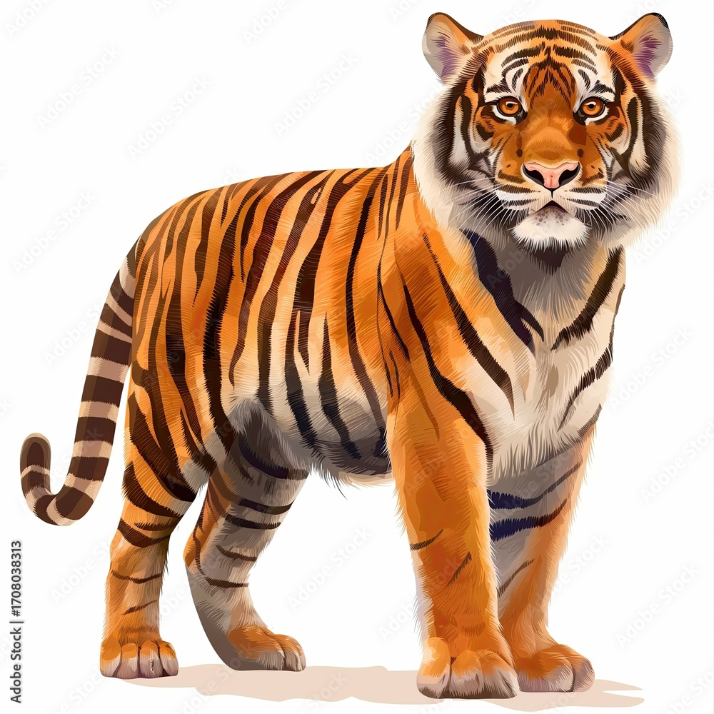 Obraz premium Realistic image of a Bengal tiger with orange and black stripes, standing on a white background, casting a soft shadow.