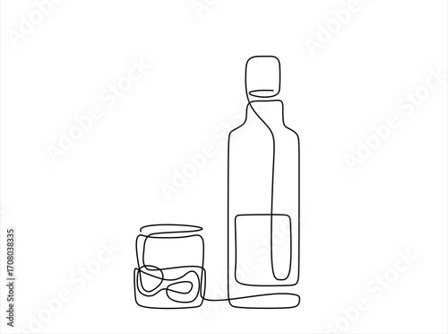 Glass and bottle of whiskey in one continuous line drawing. Whisky and liquor with ice cubes for alcohol drink menu in simple linear style. Editable stroke. Hand drawn one line vector. 