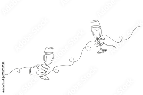 Hand drawn hands hold champagne clinking glasses one line art,continuous drawing contour.Cheers toast festive decoration for holidays,romantic Valentine's Day design. Editable stroke. Isolated. Vector