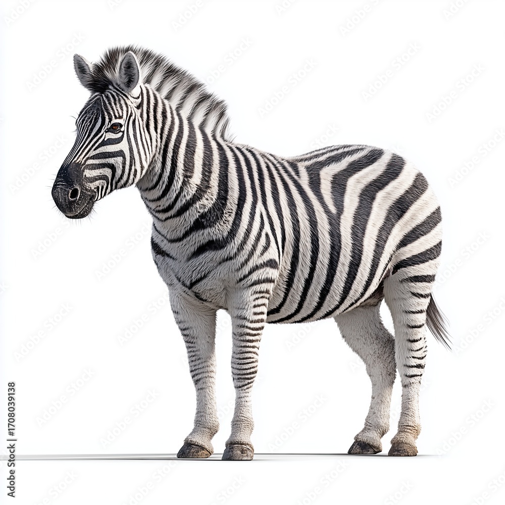 Obraz premium Realistic image of a zebra with black and white stripes, standing on a white background, casting a soft shadow.