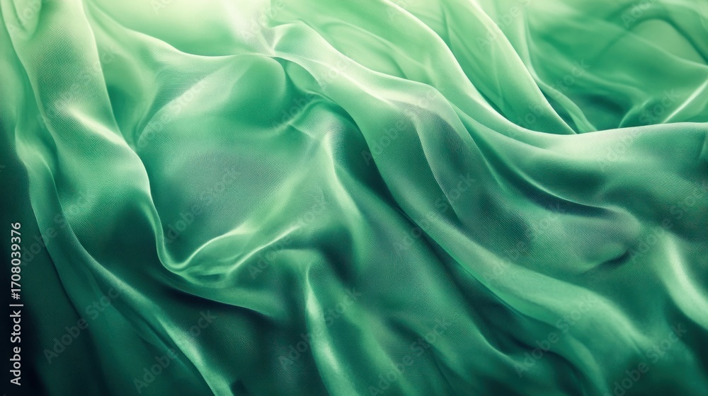 Fototapeta premium Draped green silk fabric with soft folds and lighting.