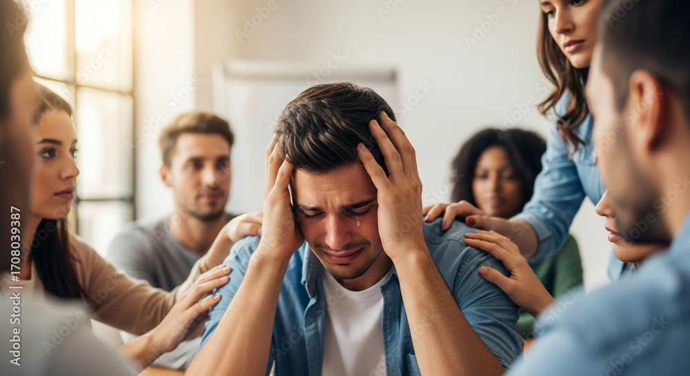 Obraz premium Man overwhelmed with emotion receives comfort and support from empathetic friends in a group setting