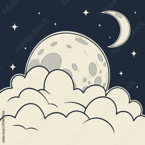 Vector art of a serene nightscape featuring a full moon partially obscured by fluffy clouds, with twinkling stars scattered across the dark blue sky, creating a peaceful and dreamy ambiance