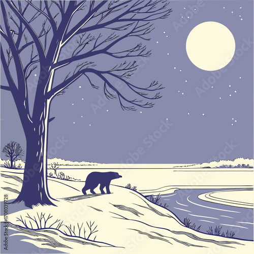Vector art of a contemplative illustration portrays a bear standing on a snowy hill beneath a full moon, with a bare tree silhouetted against the night sky, evoking a sense of solitude